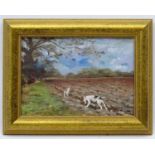 Indistinctly signed XX, Oil on canvas board, Terrier dogs at the edge of a ploughed field.