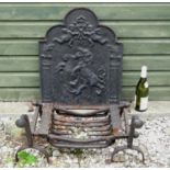 Architectural / Garden Salvage : a cast iron shaped Fire back with lion rampant under two angels