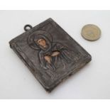 A Russian hand painted miniature icon with Russian silver riza / oklad with engraved decoration