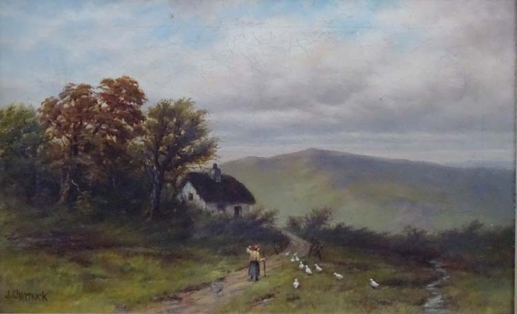 J Charnock XIX, Oil on canvas, Figure gathering fowl in from a stream near a country homestead. - Image 3 of 4