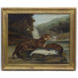 H Windred 1878 Sporting Folkart, Oil on canvas, Otter with a salmon, Signed and dated lower left.