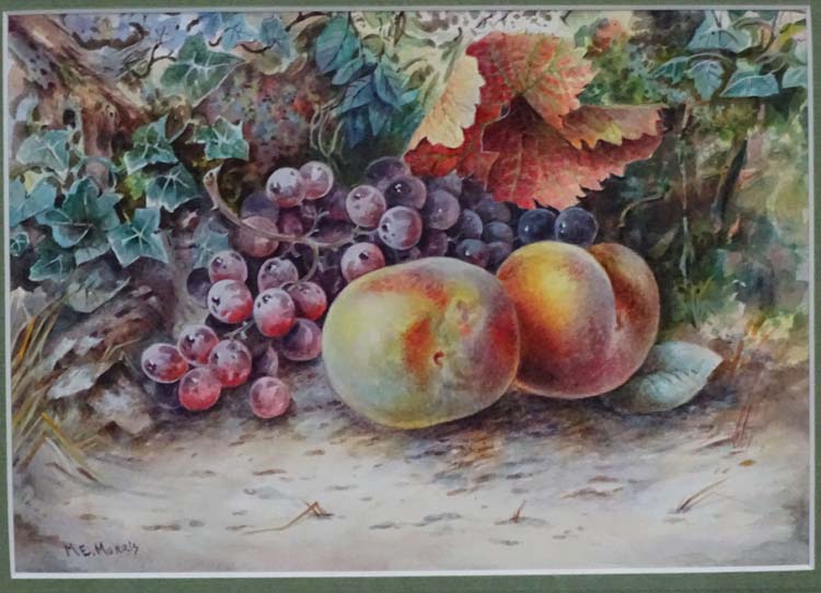 ME Morris , early XX, Watercolour ,a pair, Still life of fruit in a hedgerow, Both signed lower, - Image 4 of 7