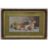 Queenie Dudley 1905, Watercolour, Still life of Pomegranates , Apples , Bananas and grapes,