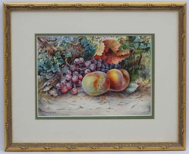 ME Morris , early XX, Watercolour ,a pair, Still life of fruit in a hedgerow, Both signed lower, - Image 3 of 7