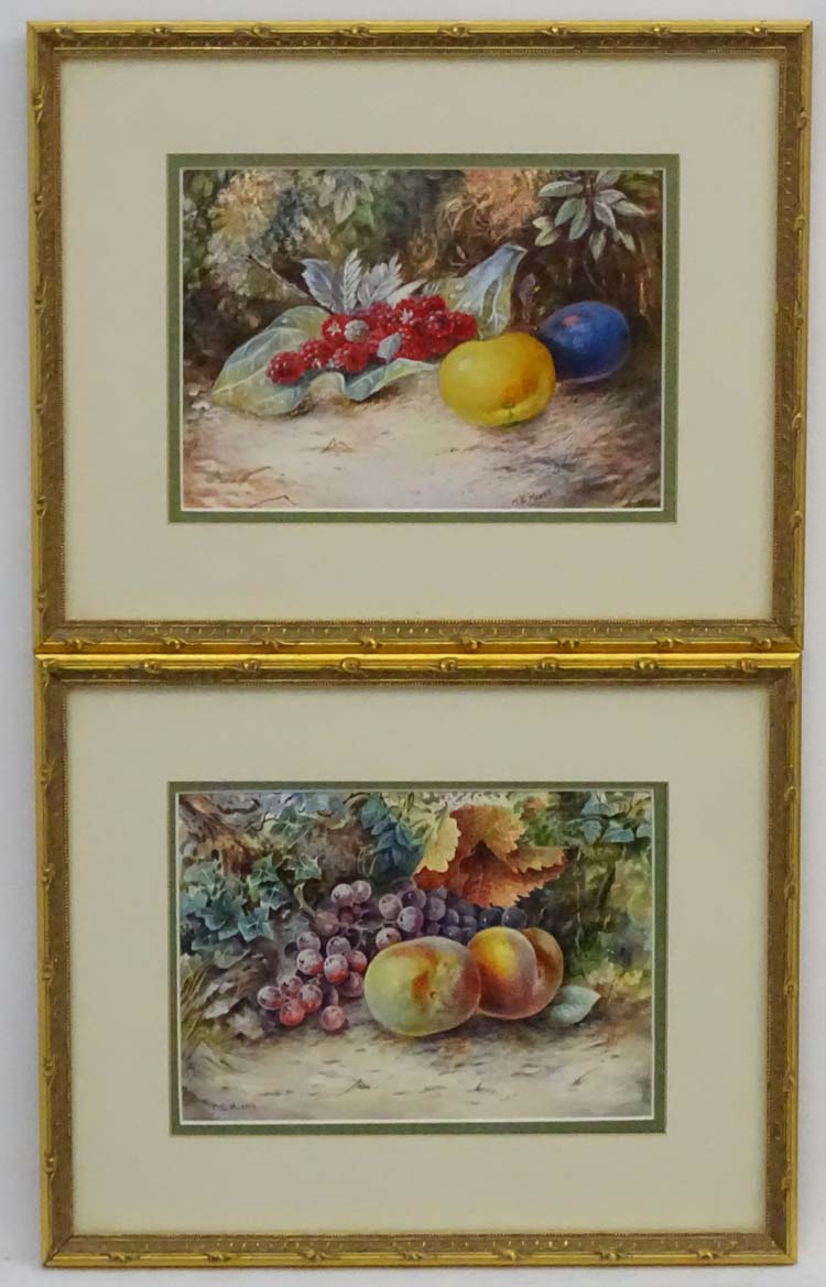 ME Morris , early XX, Watercolour ,a pair, Still life of fruit in a hedgerow, Both signed lower,