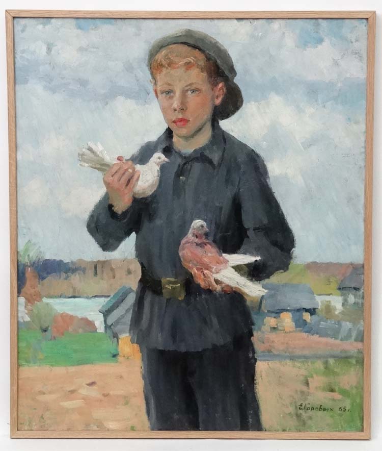 Gorovykh Evgeni Danilovitch (1930-1997), Russian School, Oil on canvas, "Boy with pigeons",