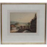 Indistinctly Signed XIX English School, Watercolour, Figure crossing a bridge to water mill,