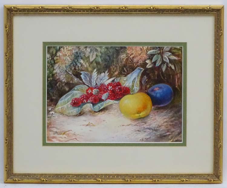 ME Morris , early XX, Watercolour ,a pair, Still life of fruit in a hedgerow, Both signed lower, - Image 6 of 7