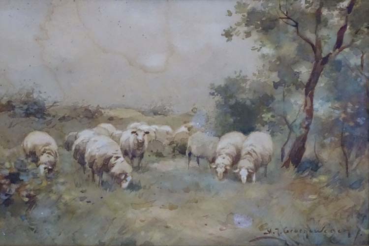 Adrianus Johannes Groenewegen ( 1874-1963) Dutch, Watercolour, Sheep grazing, Signed lower right. - Image 3 of 4