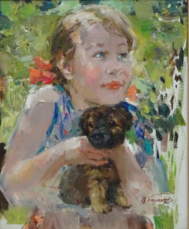 Nikolai Nikolaevich Baskakov (1918-1993), Russian School, Oil on canvas, "Little girl and her dog", - Image 3 of 4