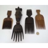 Ethnographic Native Tribal : four assorted carved wooden African combs,