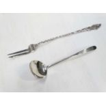 A small arts and crafts silver spoon together with a silver pickle fork with twisted handle