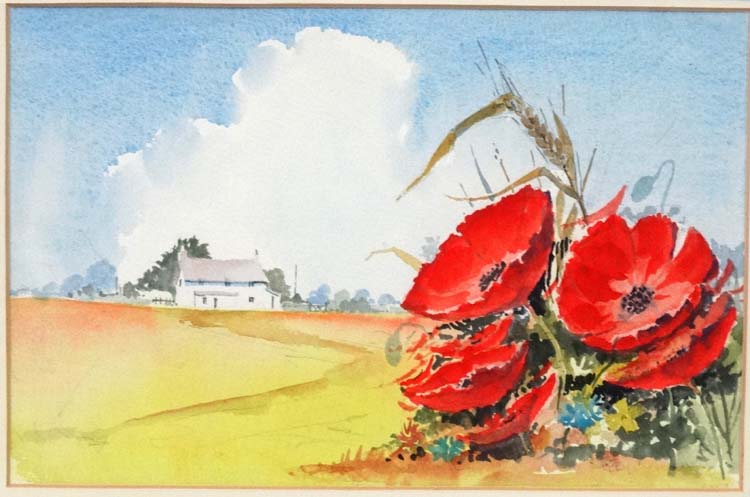 Indistinctly Signed XX, Watercolour , Poppies in a cornfield , Signed lower right, 7 x 10 3/4. - Image 2 of 2