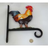 21st C Painted cast metal cockerel hanging bracket with hook to base CONDITION: