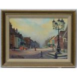 Glynn Carter XX, Oil on board, 1970's town square, Signed lower left, 9 1/4 x 13".