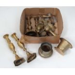 Box of assorted brass to include candlesticks, vases ,