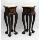 A pair of 18thC painted and gilt, marble topped Chinese stands, each 14 1/2" sq.