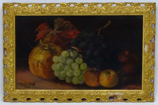 Emily Scott 1908, Oil on canvas, Sill life of fruit, Signed and dated lower left. - Image 3 of 5