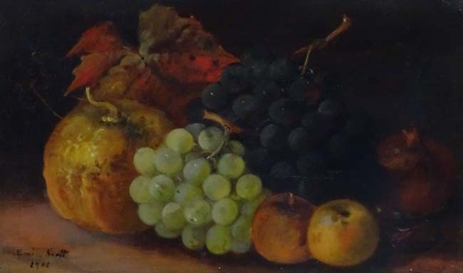 Emily Scott 1908, Oil on canvas, Sill life of fruit, Signed and dated lower left. - Image 4 of 5