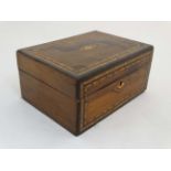 A 19thC burr walnut inlaid box 10 2/3" wide x 5 1/8" high x 8" deep.