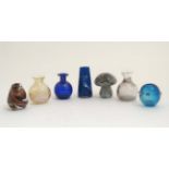 Studio / Art glass : assorted small glass vases and a mushroom formed paperweight,