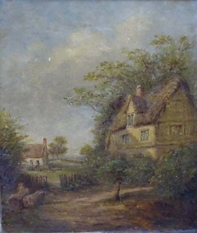 Henry Bridgman XIX, Oil on canvas, Cottages in landscape, Ascribed verso. - Image 3 of 3