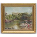 After old master XX, Oil on artist board, Continental scene , crossing the river with sheep.