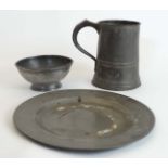 A collection of three 19thC pewter items to include a tankard by James Yates,