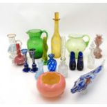 A collection of 18 items of glassware to include a green crackle glazed jug, a Murano style fish,