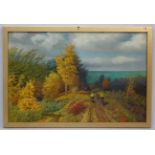 United Soviet States of Russia, Oil on canvas, Cyclists using a country track in Autumn.