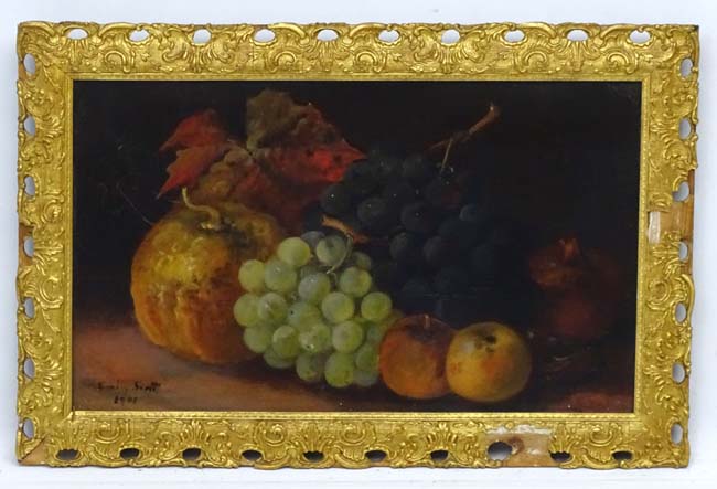 Emily Scott 1908, Oil on canvas, Sill life of fruit, Signed and dated lower left.
