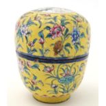 A Chinese Imperial yellow ground enamelled brass vessel and cover 4" high CONDITION: