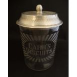 Shop Advertising : A glass jar etched ' Carr's Bisuits' with aluminum lid marked' Meredith & Drews