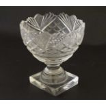 A 19thC cut glass / crystal pedestal bon bon dish on squared pedestal base 5 3/4" high