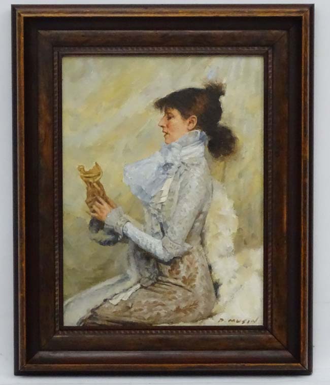 Paul Musin XX, Oil on canvas, The Connoisseur, a lady in white examining a work of art,