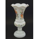 A handpainted late 19th / early 20th C milk glass vase with flared rim , on pedestal base ,