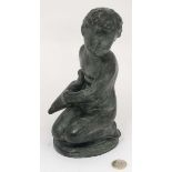 Amphora , made in Spain ' a bronze effect ceramic figure kneeling and holding a bird ,