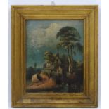 XIX English Primitive School, Oil on fielded oak panel, Covered cart, cottage and pond.