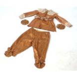 A boys brown satin fancy dress outfit tunic and breeches C1890-1900 embroidered lace collar and