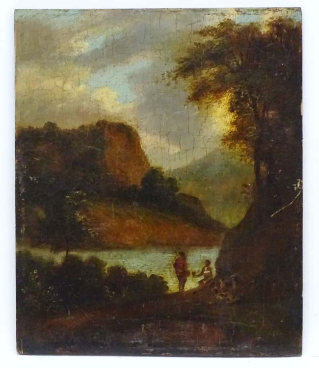 Early XIX English / Scottish School Oil on fielded panel Two figures and two dogs beside a fishing