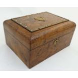 A Victorian semi-domed bur walnut plush lined ladies work box with brass shield shaped escutcheon