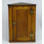 A C.1800 pine and elm hanging corner cupboard with panel door.