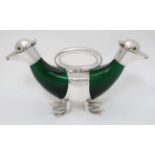 A 21stC novelty double ended small duck claret jug of green glass and silver plate ,