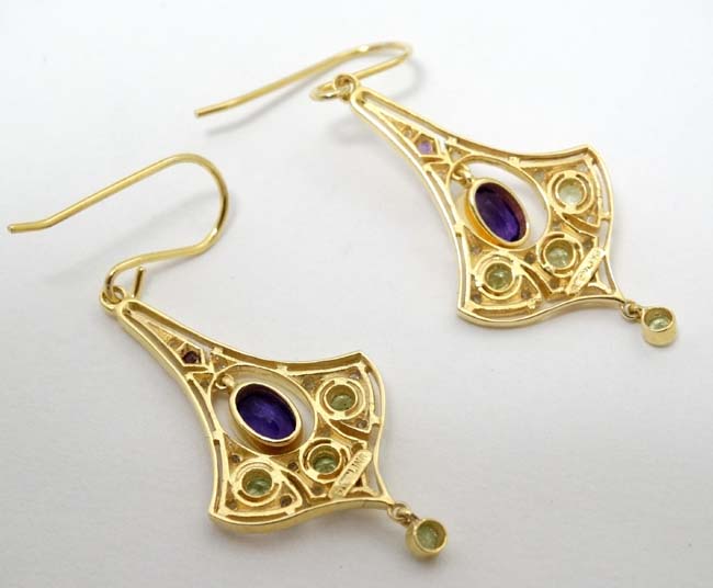 A pair of Sterling silver gilt drop earrings set with amethyst and peridot 1 3/4" long - Image 3 of 3
