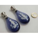 2 blue glass scent / perfume flask with Mary Gregory style decoration one depicting a girl,