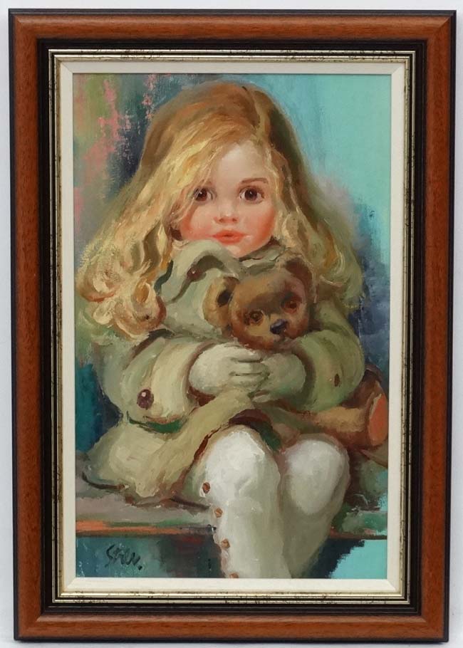 John Strevens ( 1902-1990), Oil on board, 'Matilda' a young girl travelłing holding her teddy bear,