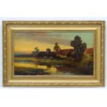 G Watts (XIX), Oil on board, Village church and a by a river at sunset, Signed lower right.