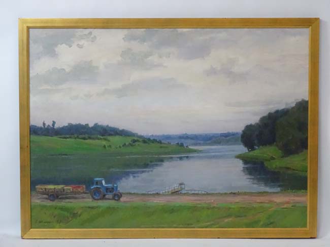 Union of Soviet Socialist Republic , Russia, Oil on canvas, Tractor by lake in a country vista,