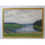 Union of Soviet Socialist Republic , Russia, Oil on canvas, Tractor by lake in a country vista,
