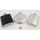 3 various hip flasks including one of circular form 4 3/4" wide CONDITION: Please
